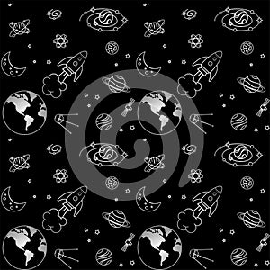 Seamless background with earth, moon, satellites and rocket among different planets, galaxies and stars on a black