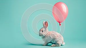 A gray Easter bunny with a balloon on a turquoise background