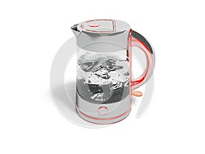Gray electric kettle with boiling water with red inserts isolated 3D render on white background with shadow