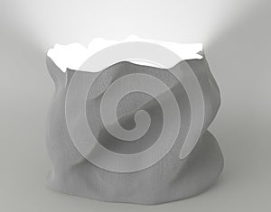 Gray empty raw fabric open bag with light inside 3d illustration