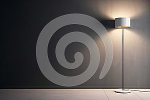 Gray empty wall with built-in lighting and floor lamp. Modern stylish neutral background for presentation. Generative AI.