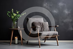 Gray fabric armchair with pillow next to wooden table with plant and candle
