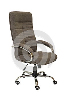 gray fabric office armchair on wheels isolated on white background. side view