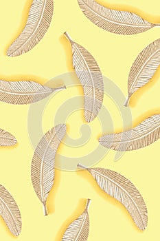 Gray feather on a yellow background arranged in a pattern.