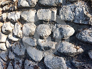 Gray fieldstone wall background pattern of stone