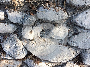 Gray fieldstone wall background pattern of stone