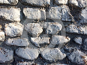 Gray fieldstone wall background pattern of stone