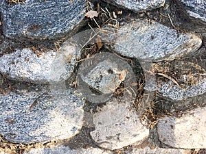 Gray fieldstone wall background pattern of stone