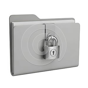 A gray file folder secured with a silver padlock isolated on white background