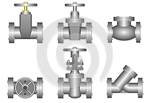 Gray flanged gate valves on white background.