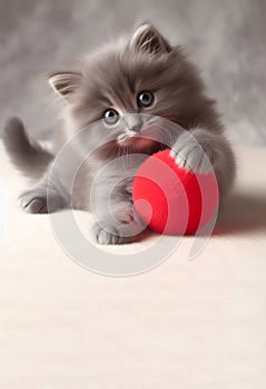 Gray fluffy cat with a red ball on on the floor