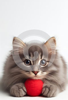 Gray fluffy cat with a red ball on a white background