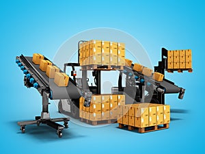 Gray forklifts loading boxes through conveyor 3d render on blue background with shadow