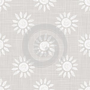 Gray French Linen Texture Background printed with White Daisy Flower. Natural Ecru Flax Fibre Bloom Seamless Pattern
