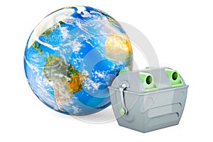 Gray garbage container with Earth Globe. 3D rendering