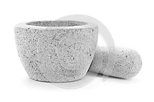 A Gray granite mortar and pestle isolate on a white background