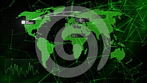 Gray and green graph. Motion.Shown is a world map with a population that is shown in numbers in each country in 3d