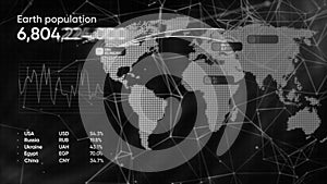 Gray and green graph. Motion.Shown is a world map with a population that is shown in numbers in each country in 3d