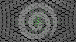 Gray and green metal hexagons abstract background, 3d render