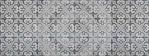 Gray grey blue white stone concrete cement tile texture with square cubes mosaic tiles background panorama banner long, seamless