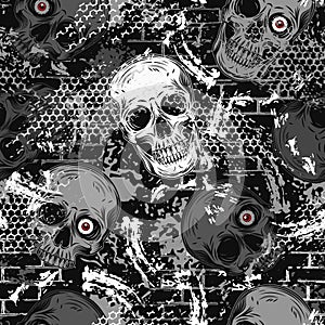 Gray grunge camouflage pattern with human skulls