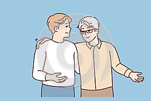 Gray-haired elderly man in glasses and young guy slap each other on back and shoulders. Vector image