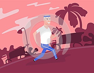 Gray-haired grandpa at sportswear running at park.