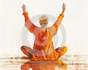 Gray-haired woman midsentence. Yoga and health. Watercolor isolated illustration on white background.