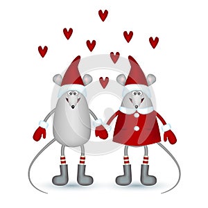 Gray happy mice, boy and a girl in a red cap, stockings and mittens holding hands and red hearts.