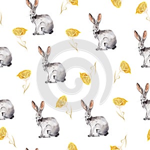 Gray hare in an autumn meadow watercolor seamless pattern