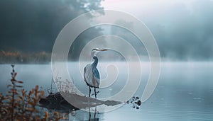 Gray heron close to the lake. AI generated.