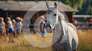 A gray horse and children walk in a clearing next to the stables