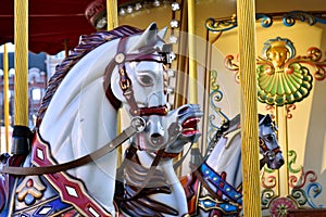 Gray horses on a children`s carousel