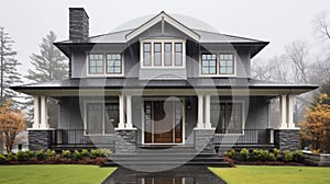 Gray house exterior with column porch and stone wall trim on a rainy day. Generative Ai
