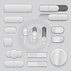 Gray interface buttons and sliders. 3d set of UI icons