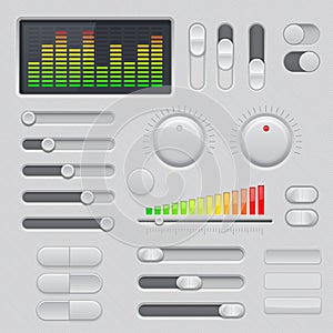 Gray interface buttons and sliders. 3d set of UI icons