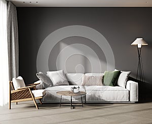 Gray interior with white sofa, armchair, coffee table and decor. 3d rendering