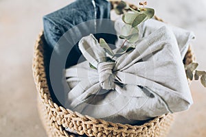 Gray and jeans furoshiki wrapping cloth. Linen furoshiki cloth. Reusable gift wrapping cloth