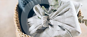Gray and jeans furoshiki wrapping cloth. Linen furoshiki cloth. Reusable gift wrapping cloth. Banner
