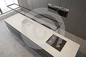 Gray kitchen with countertops, top view