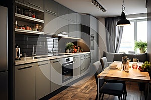 Gray kitchen design. Wooden kitchen, refrigerator, stove, dining table, small sofa