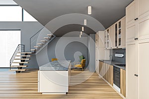 Gray kitchen interior with cupboards, side view