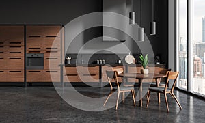 Gray kitchen interior with wooden cabinets, oven and dining table