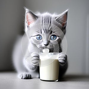 Gray kitten drinking milk from a glass,generated illustration with AI