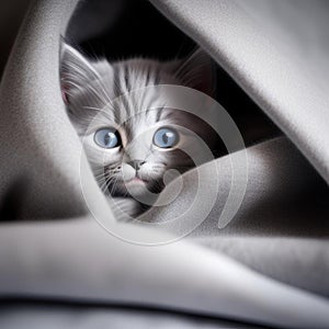 Gray kitten hiding under a cloth,generated illustration with ai