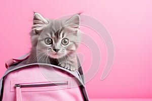 A gray kitten peeks out of a school backpack on pink background.