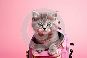 A gray kitten peeks out of a school backpack on pink background.