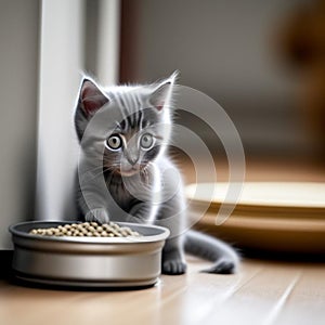 Gray kitten with pet food beach,generated illustration with AI