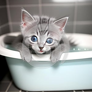 Gray kitten soaking in the tub,generated illustration with AI