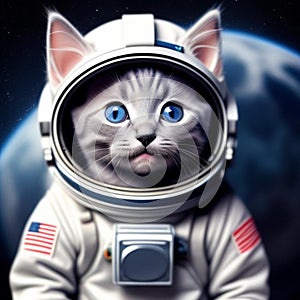 Gray kitten wearing an astronaut suit, generated illustration with AI